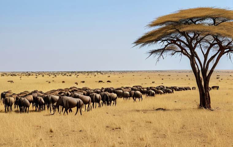**A wide, panoramic shot of the Serengeti during the dry season (June-October). Golden grasses dominate the landscape, with a few acacia trees scattered around. In the distance, a herd of wildebeest can be seen grazing. The sky is a clear, bright blue.** (Keywords: Serengeti, dry season, wildebeest migration, golden savanna, Tanzania)